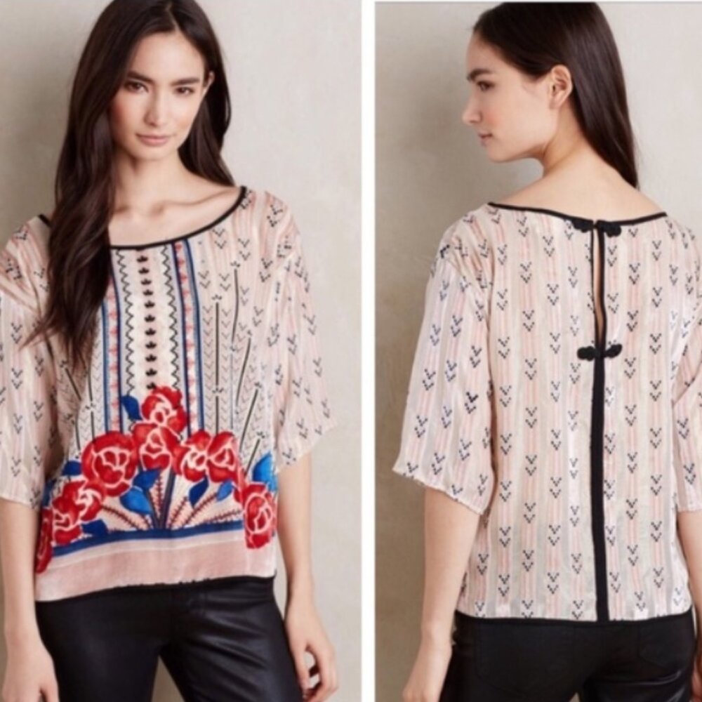 Anthropologie Moulinette Soeurs Light Pink Velvet "Posey Peasant Blouse"